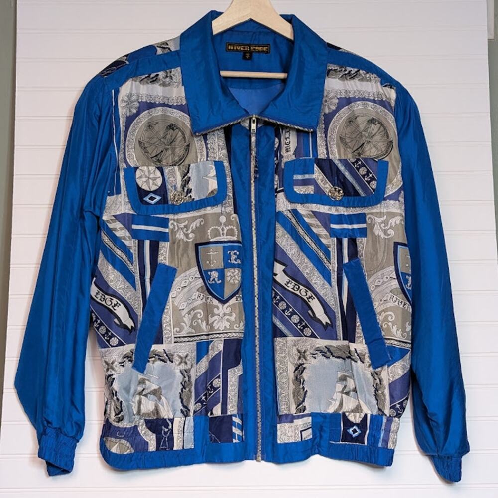 Vtg 90s Silk women windbreaker jacket River Edge size Large zip-up blue heraldic